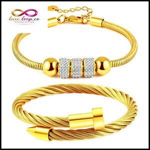 Adjustable 18K Gold Plated Bangle & Chain Bracelet Set, Stainless Steel Jewelry